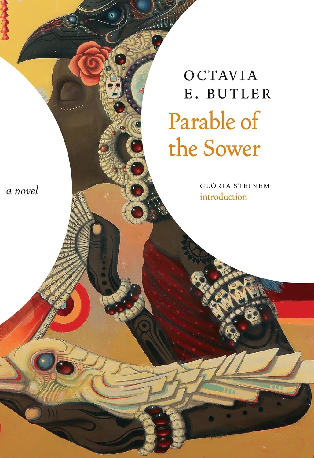 Book cover of 'Parable of the Sower' by Octavia E. Butler with a stylized illustration of a bird and abstract design.
