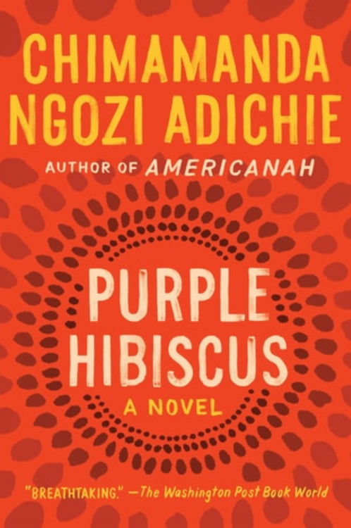 The cover of the novel 'Purple Hibiscus' by Chimamanda Ngozi Adichie, featuring a red background with a pattern of purple hibiscus flowers and the title text.
