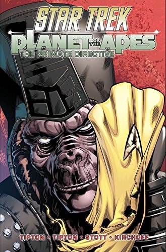 Comic book cover of 'Star Trek: Planet of the Apes' with a robot and ape figure.