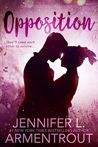 Book cover of Opposition by Jennifer L. Armentrout with a silhouette of a couple embracing against a pink background.