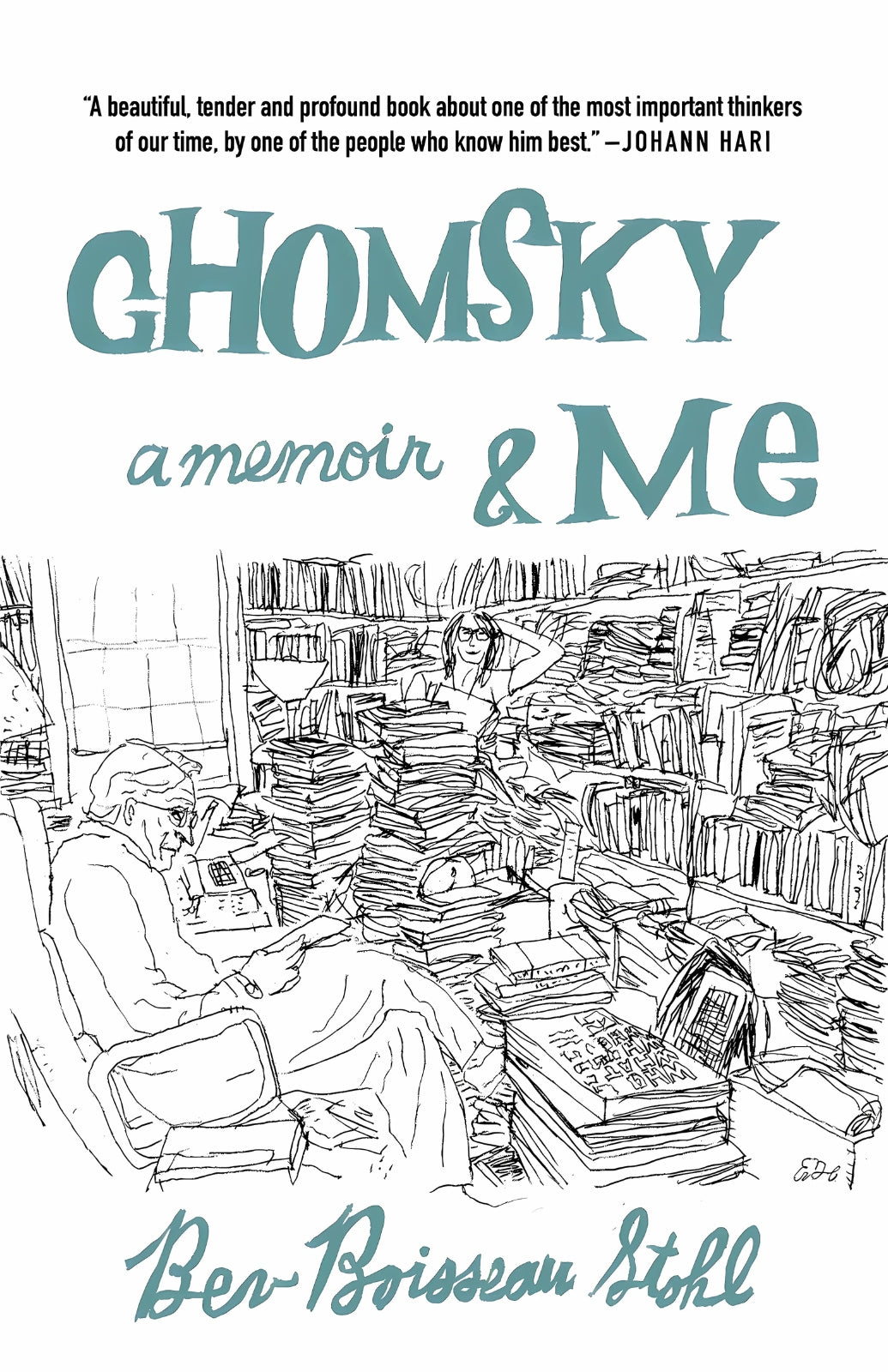 Cover of the book 'Chomsky and Me: A Memoir by Bev Boisseau Stohl' featuring an illustration of a person sitting in a chair with a pen, surrounded by various items including a dog, suggesting a setting of casual writing or interview.