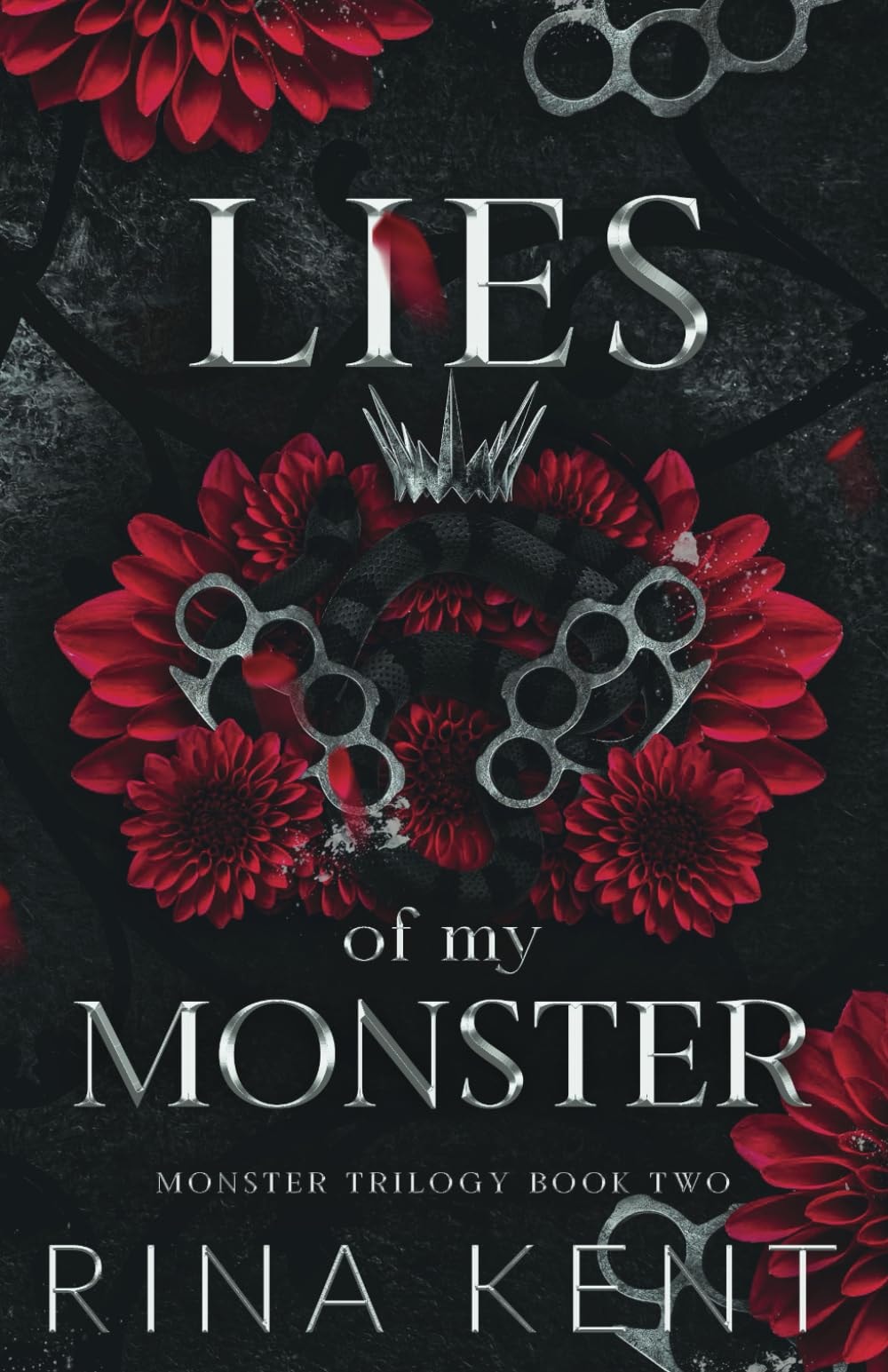 Book cover of 'Lies of My Monster' with red flowers and a dark background