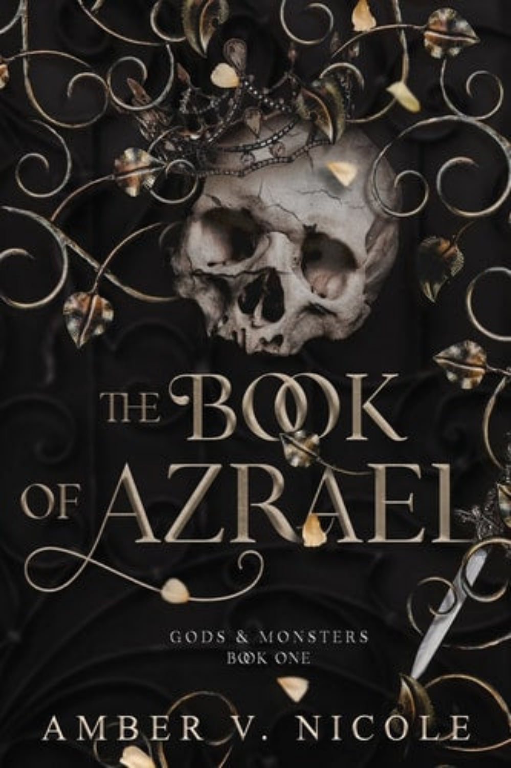 Book cover of 'The Book of Azrael' by Amber V. Nicole with a skull and decorative elements on a dark background.