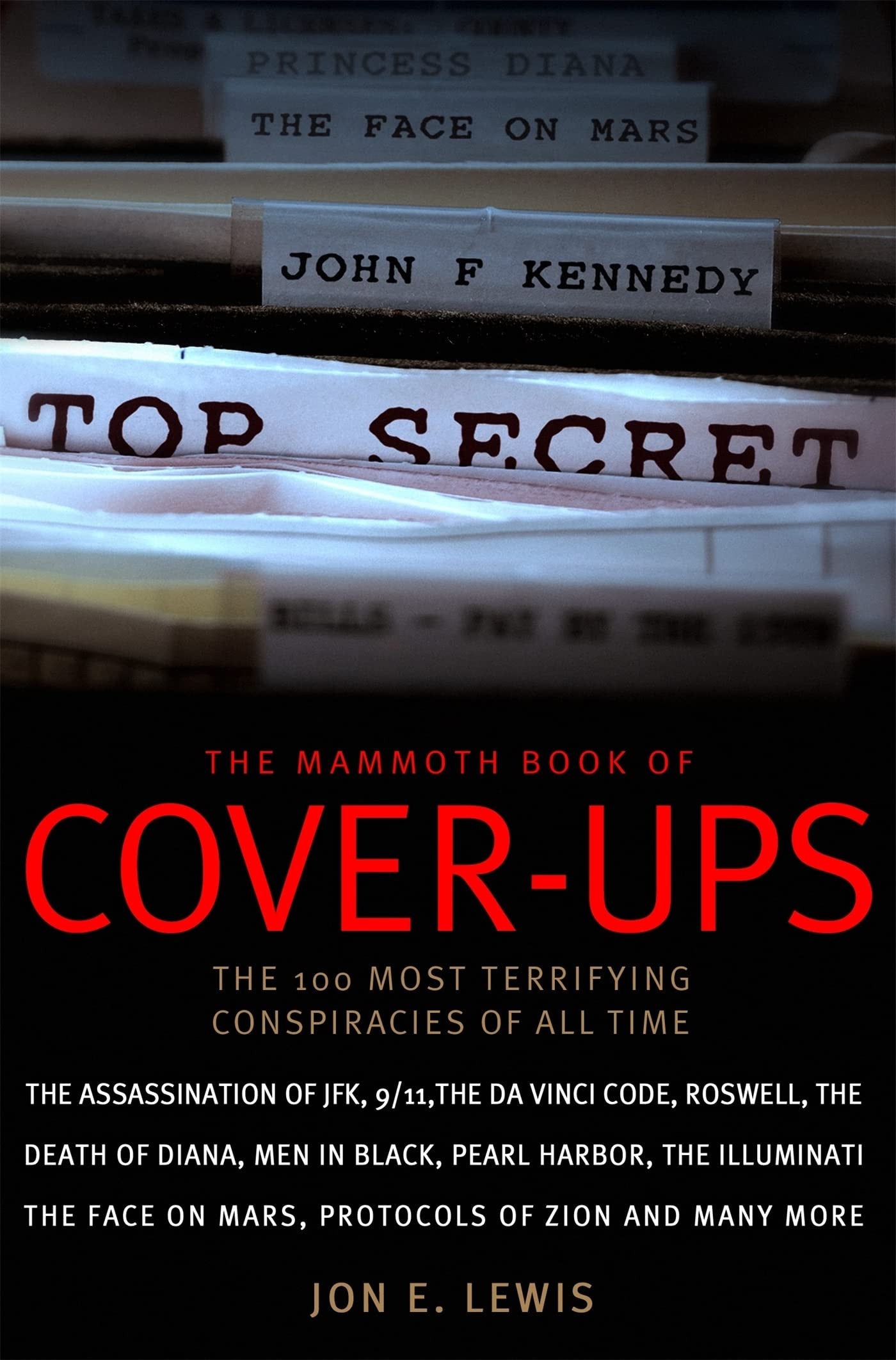 Stack of books with titles like 'John F. Kennedy' and 'Top Secret', with a focus on conspiracy theories.