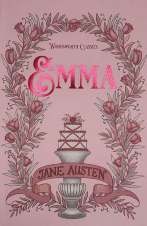 Cover of the book 'Emma' by Jane Austen, featuring a pink background with floral designs and the title prominently displayed.