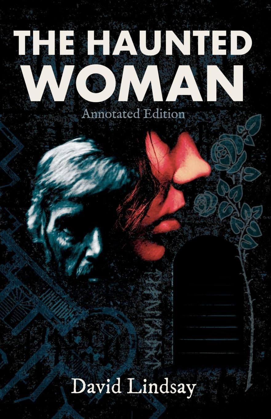 Book cover of 'The Haunted Woman' by David Lindsay, featuring faces on a dark background