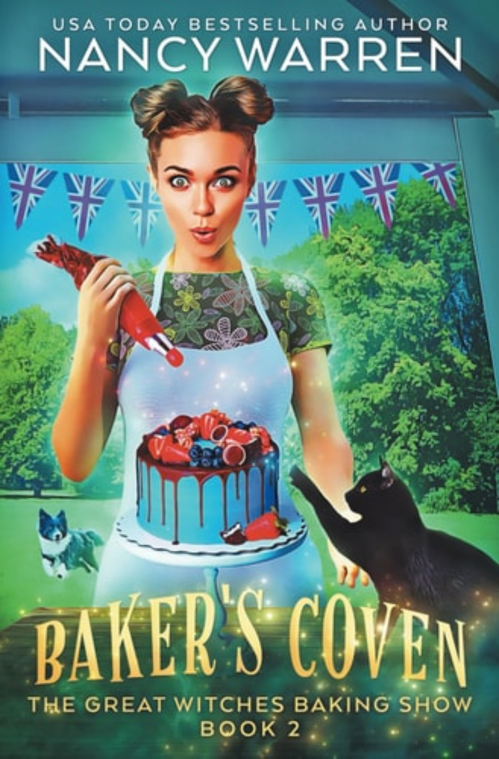 Book cover of 'Baker's Coven' featuring a woman in an apron with a cake, surrounded by British flags and nature.