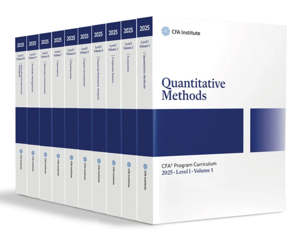 A boxed set of books labeled 'CFA Program Curriculum' with multiple volumes, indicating content for the Chartered Financial Analyst exam.