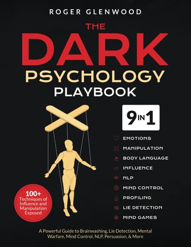 The cover of the book 'The Dark Psychology Playbook' featuring an illustration of a person with a puppet string above their head, symbolizing control or manipulation. The cover also includes the text highlighting the book's main themes such as emotions, body language, NLP, and lie detection.