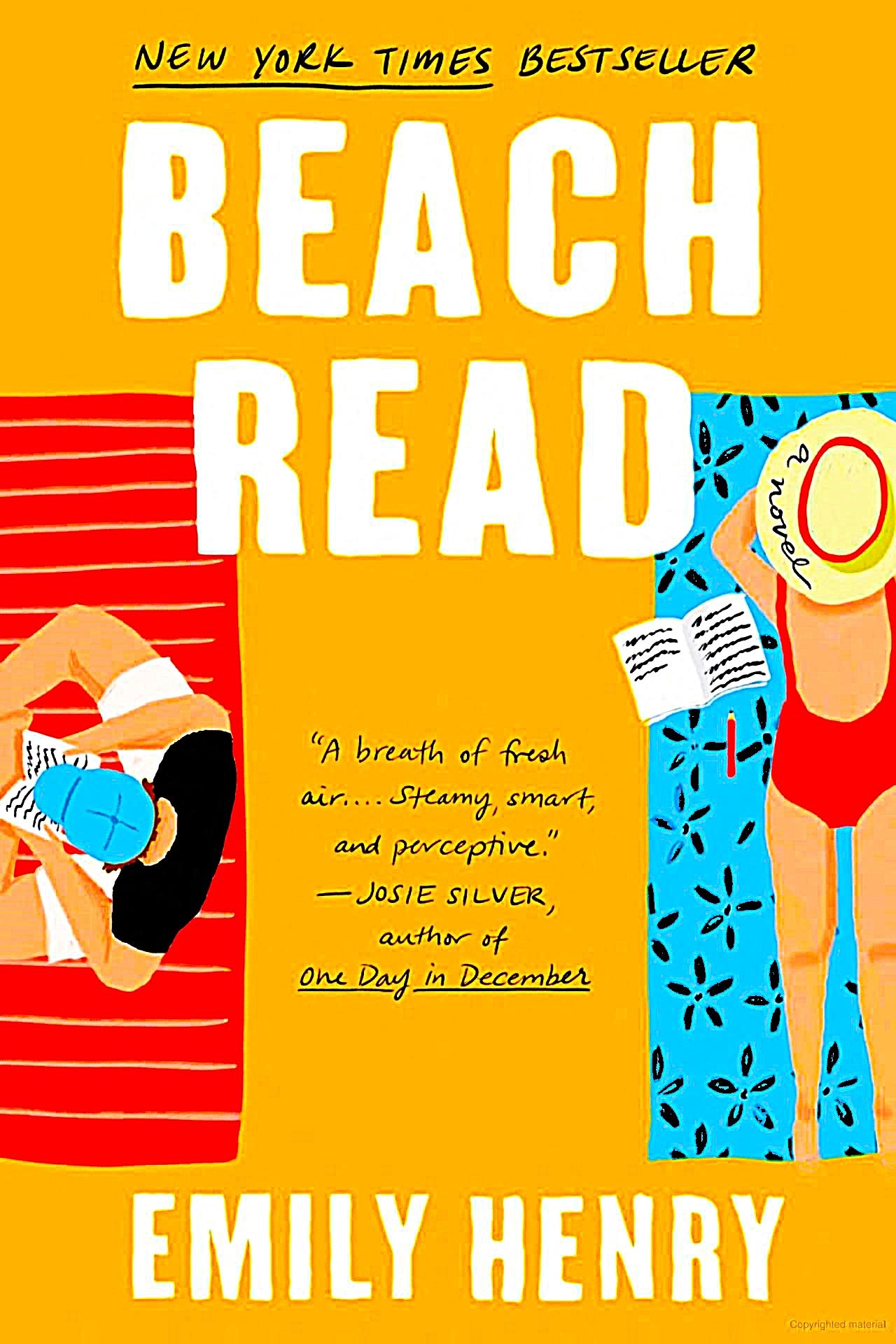 Book cover for 'Beach Read' by Emily Henry featuring illustrations of two characters on a beach, with one reading a book and the other using a phone.