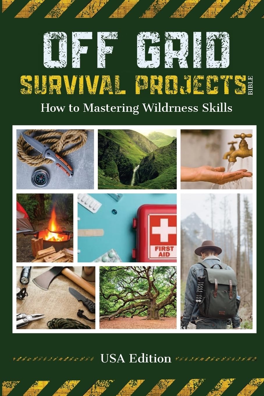 Book cover of 'Off Grid Survival Projects' with images of outdoor activities and survival tools.