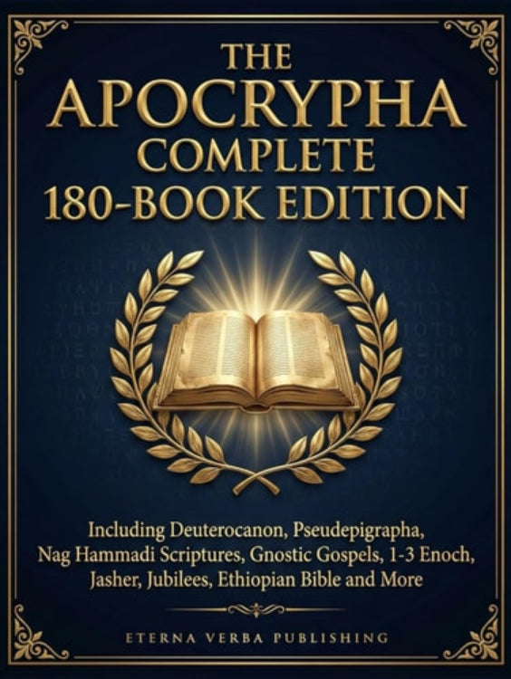 Cover of 'The Apocrypha Complete 180-Book Edition' with an open book and laurel wreath on a dark blue background.