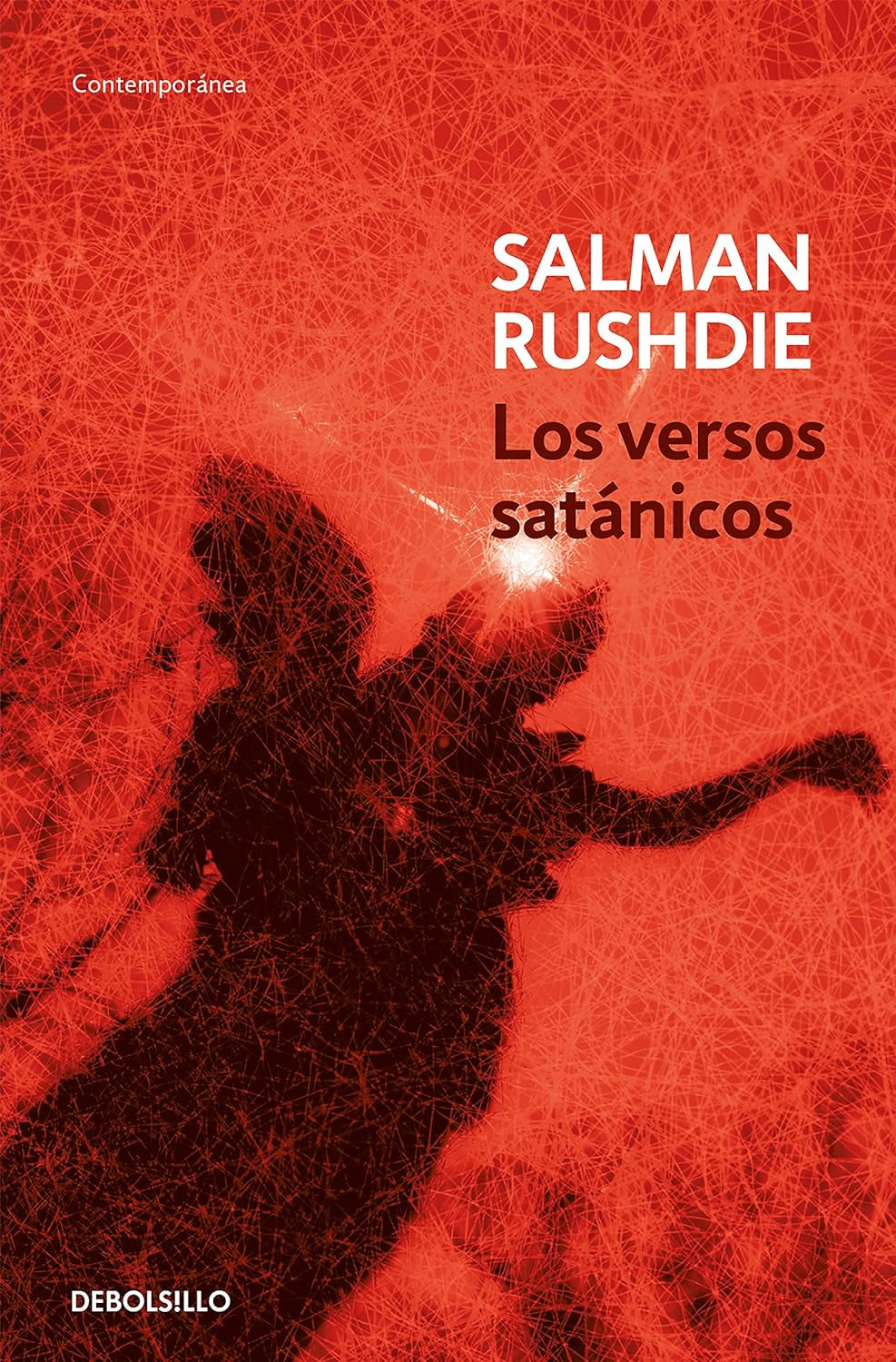 Cover of the Spanish edition of Salman Rushdie's novel 'The Satanic Verses', with a dark, red-textured background and an illustration of a figure riding a horse.