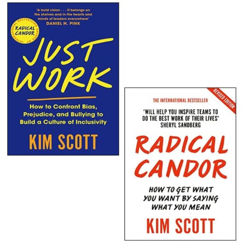 Two book covers, one for 'Radical Candor' with a blue background and the other for 'Just Work' with a yellow background, both featuring the author's name, Kim Scott.