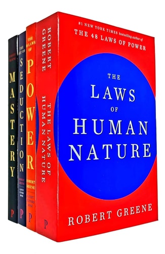 Set of books by Robert Greene including Robert Greene Collection 4 Books Set, including The Art of Seduction, Mastery, The Concise 48 Laws of Power, The Laws of Human Nature from an angled display showing book spines in case boxed set and full front cover of The Laws of Human Nature by Robert Greene