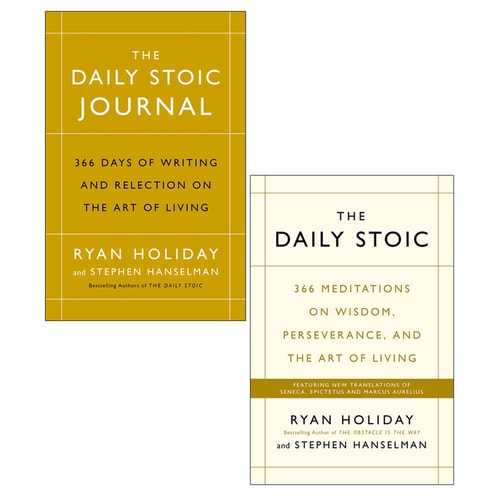 Two books titled 'The Daily Stoic Journal' and 'The Daily Stoic 366 Meditations on Wisdom, Perseverance, and the Art of Living', both by Ryan Holiday and Stephen Hanselman, in a hardcover format.