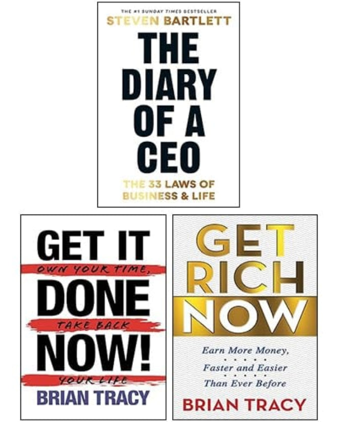 Image displays three book covers. The top book cover is titled 'The Diary of a CEO' by Steven Bartlett, the middle cover is 'Get Rich Now' by Brian Tracy, and the bottom cover is 'Get It Done Now!' by Brian Tracy.