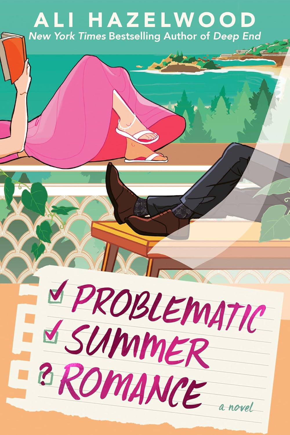 Book cover of 'Problematic Summer Romance' by Ali Hazelwood, showing a couple on a bench by a lake.