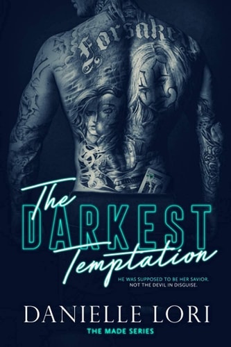 Book cover of 'The Darkest Temptation' with man tattoos on his back showing, facing away on a dark background.