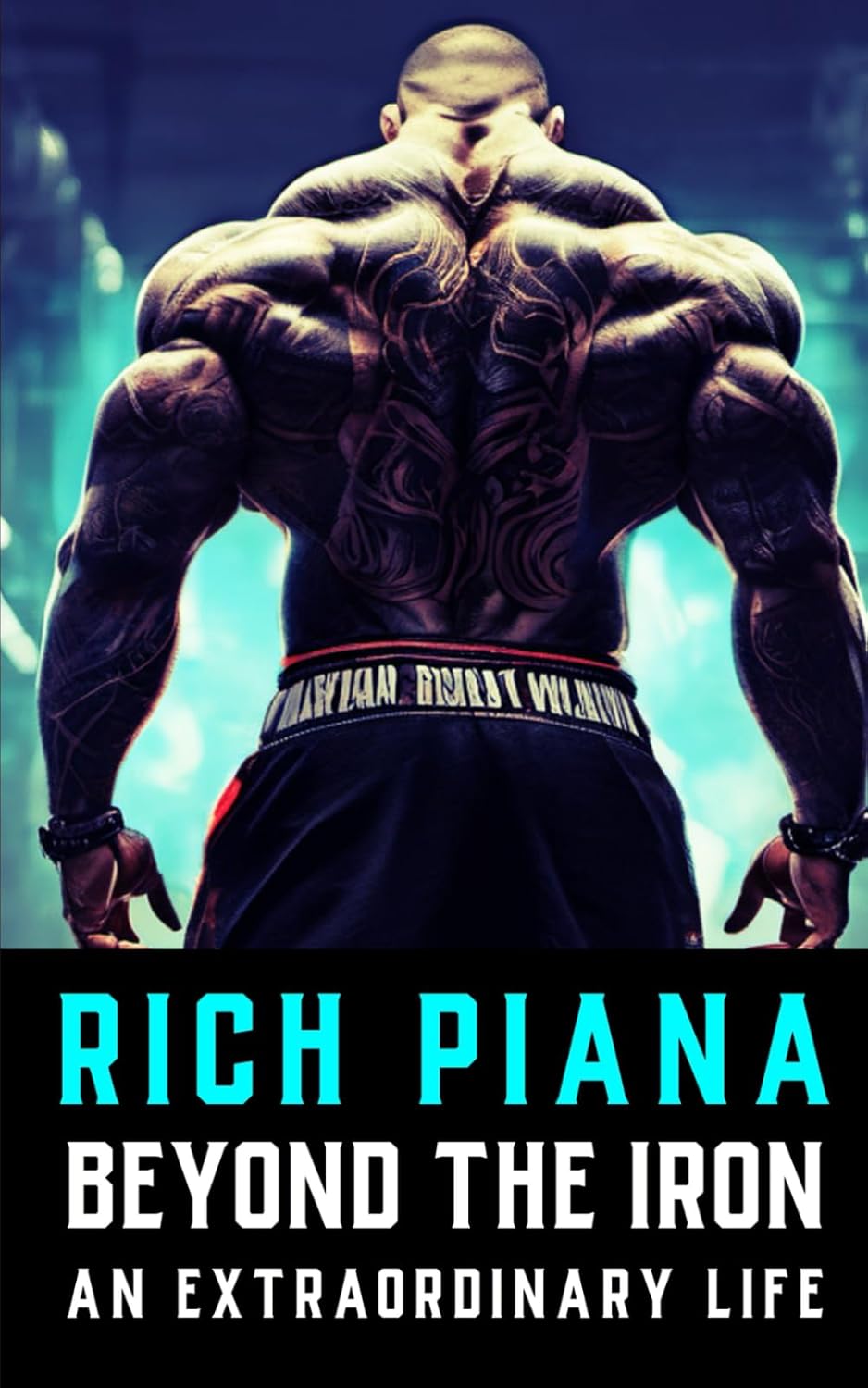 Book cover of book "Rich Piana: Beyond The Iron" by The Bodybuilding Library & Fitness Research Publishing, featuring a photo of Bodybuilder Entrepreneur Rich Piana from the back in a relaxed position shirtless