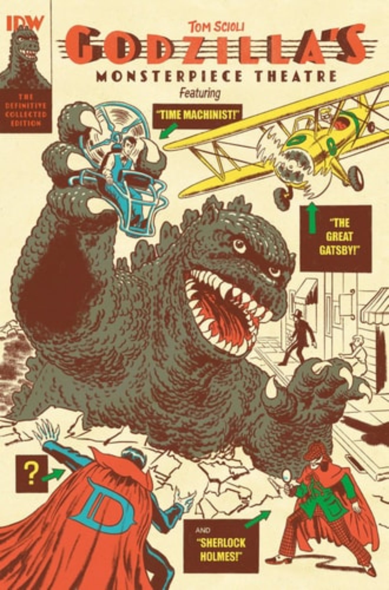 Comic book cover featuring Godzilla and other characters with a vintage aesthetic.