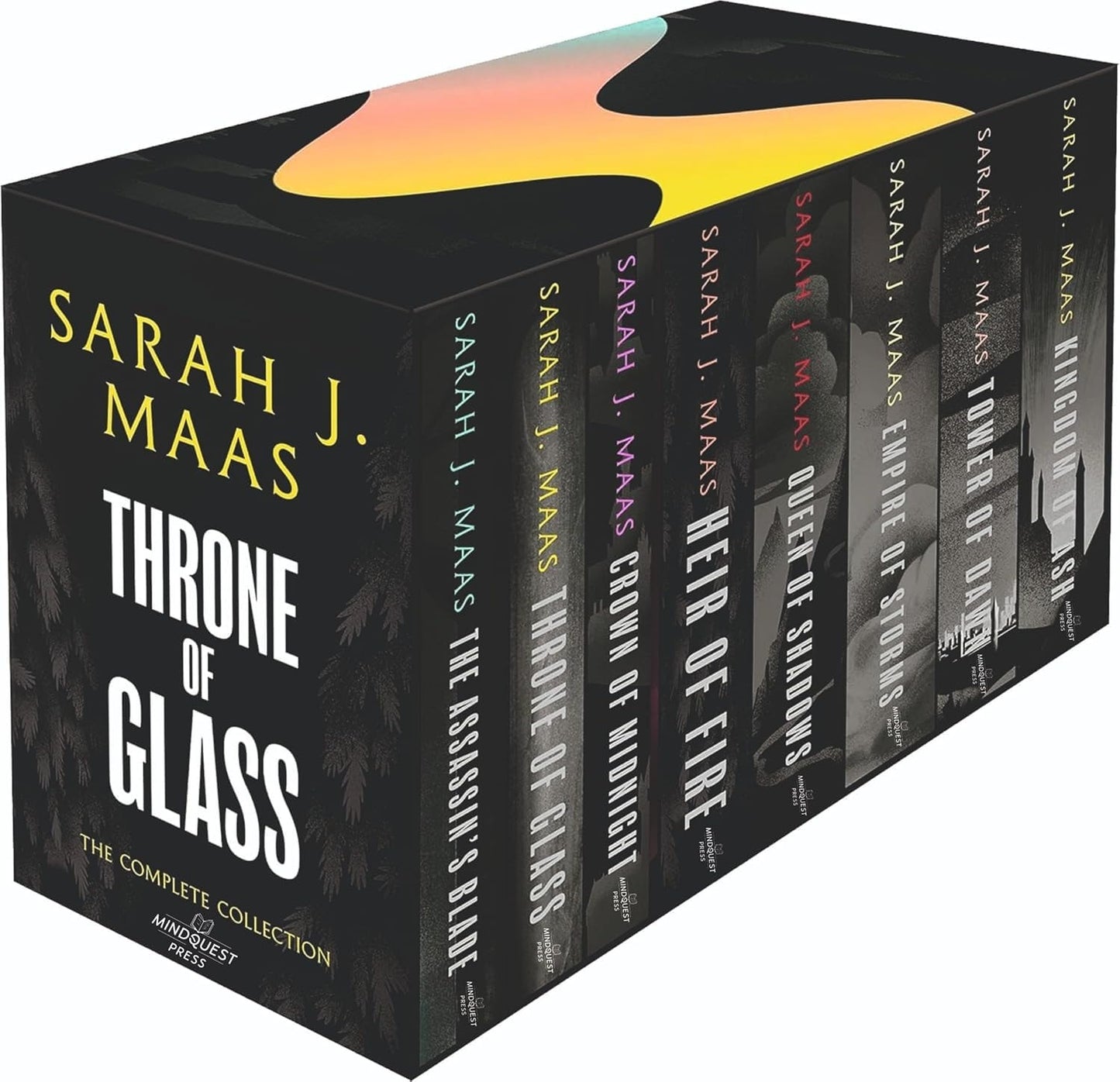 Box set of 'Throne of Glass' series by Sarah J. Maas with black and yellow design.