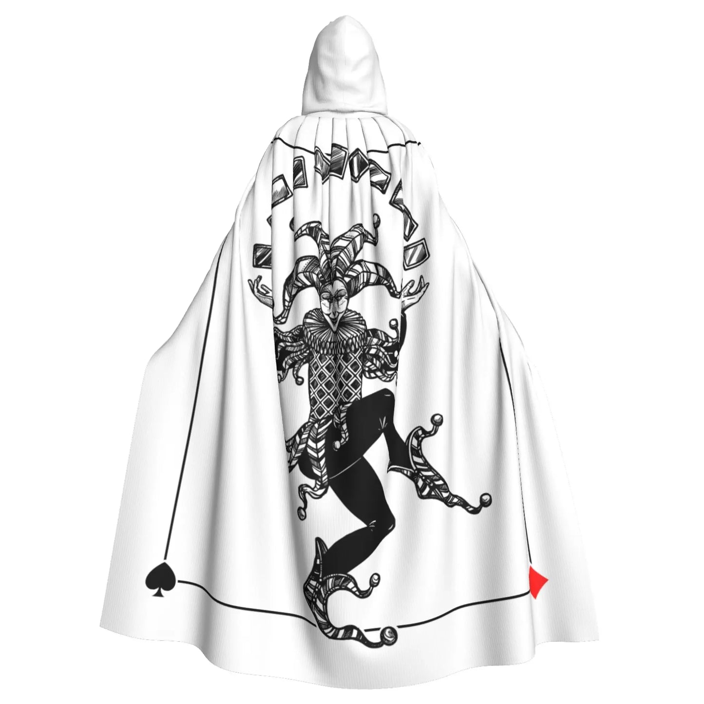 White cape with black and red design on a white background