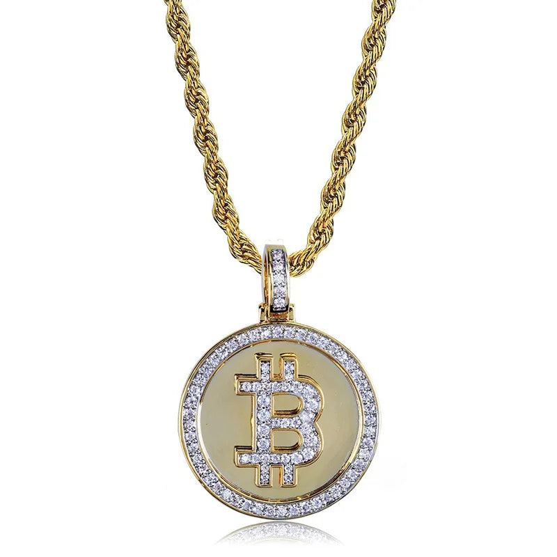Iced Out Bitcoin Bust-Down Pendant | Gold-Colored Rope Chain
