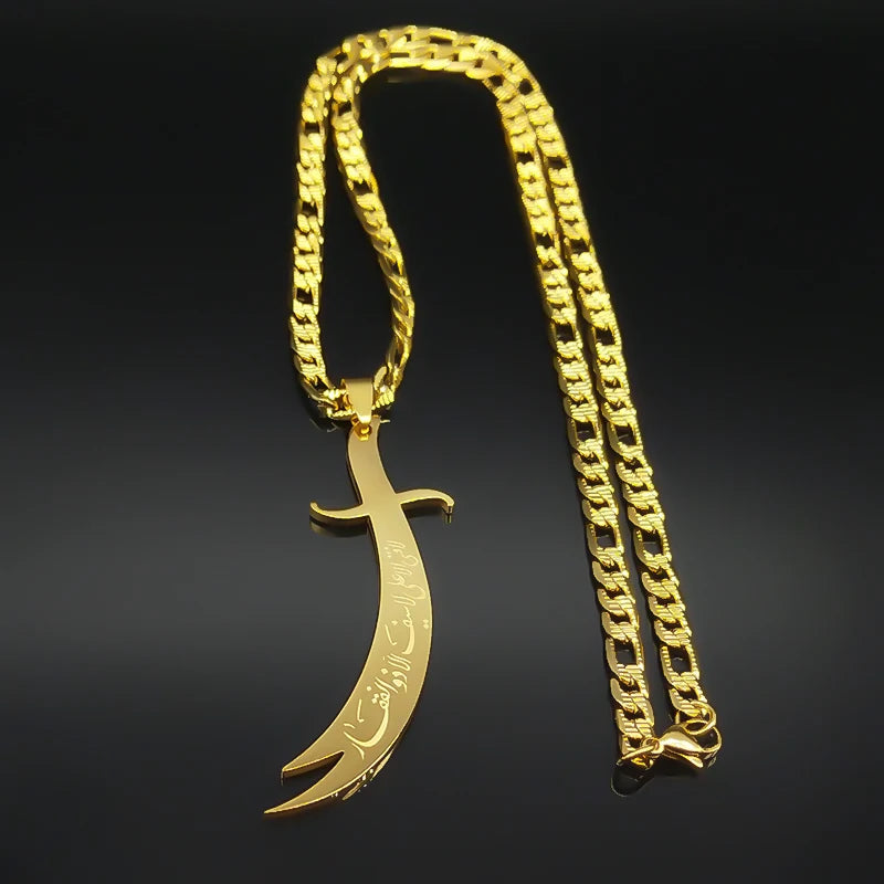 Gold necklace with a dagger-shaped pendant on a black background