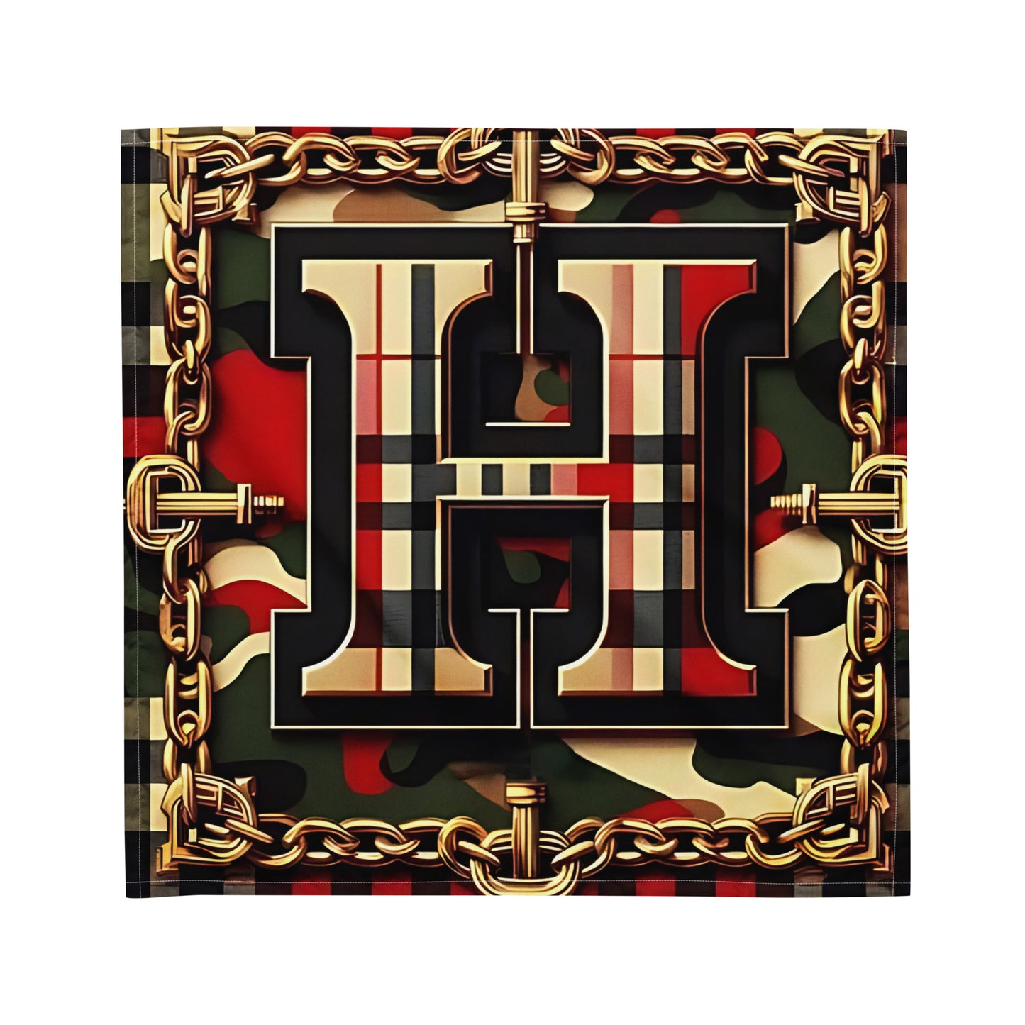 A camouflage patterned bandana with the letter 'H' for Houston, Texas in the center, featuring a chain of interlocking circles.
