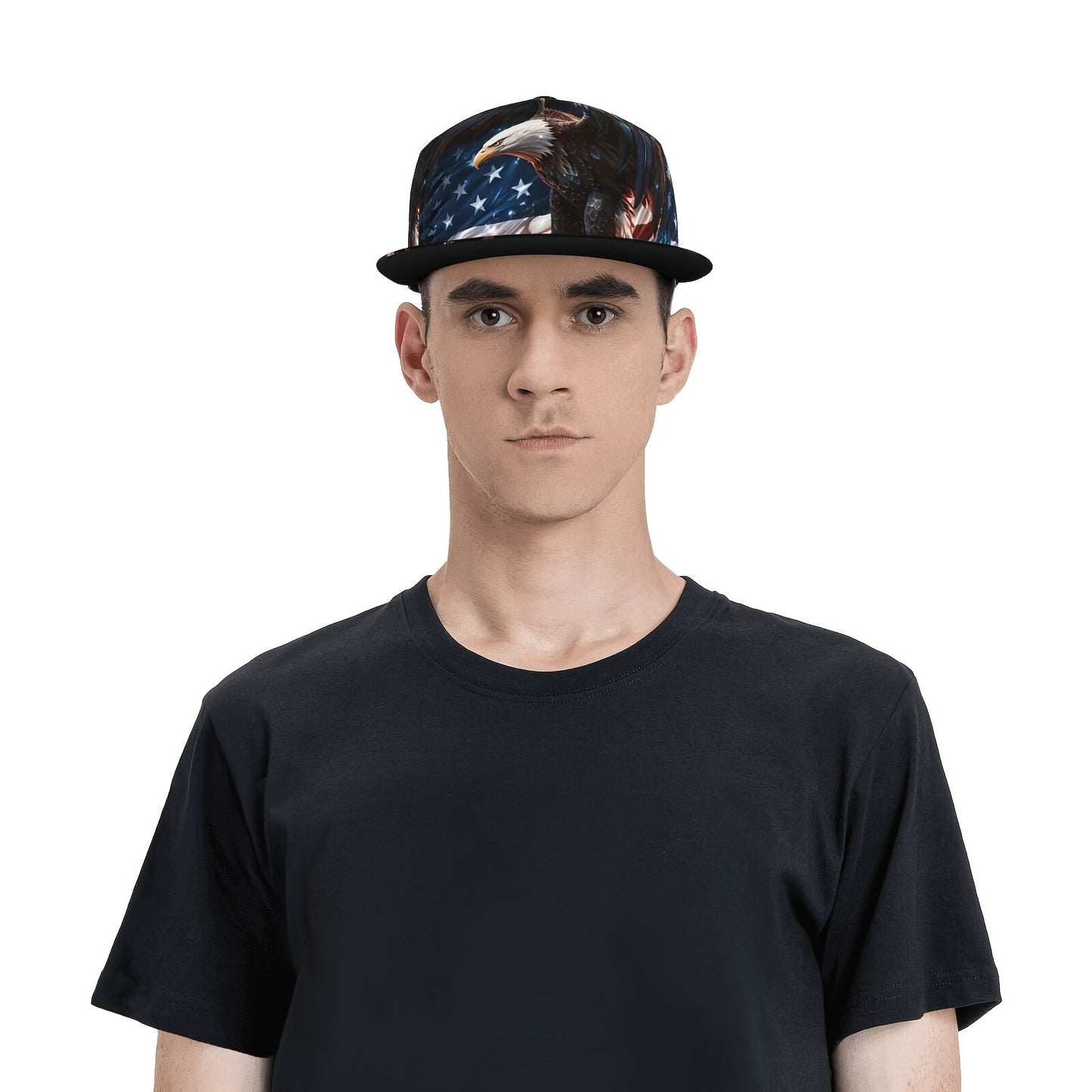 Person wearing an American Flag snapback cap with an eagle and Old Glory design on a white background