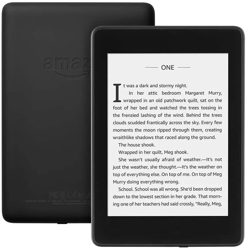 Black Amazon Kindle device with screen displaying text on a white background