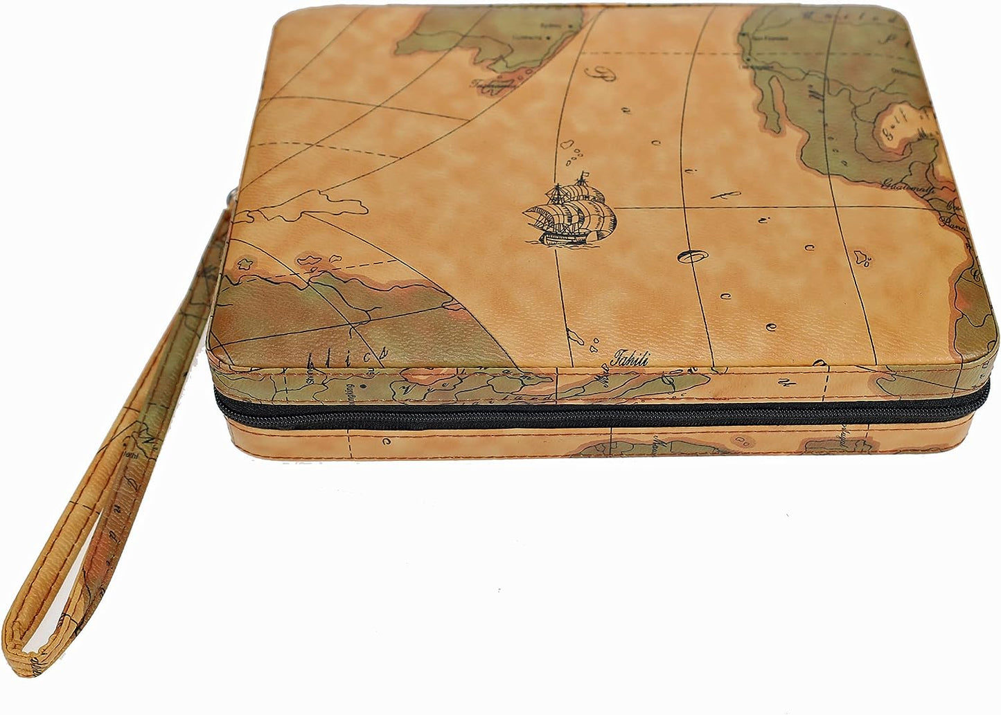 Backgammon set closed in atlas map leather case featured laid flat on white background.