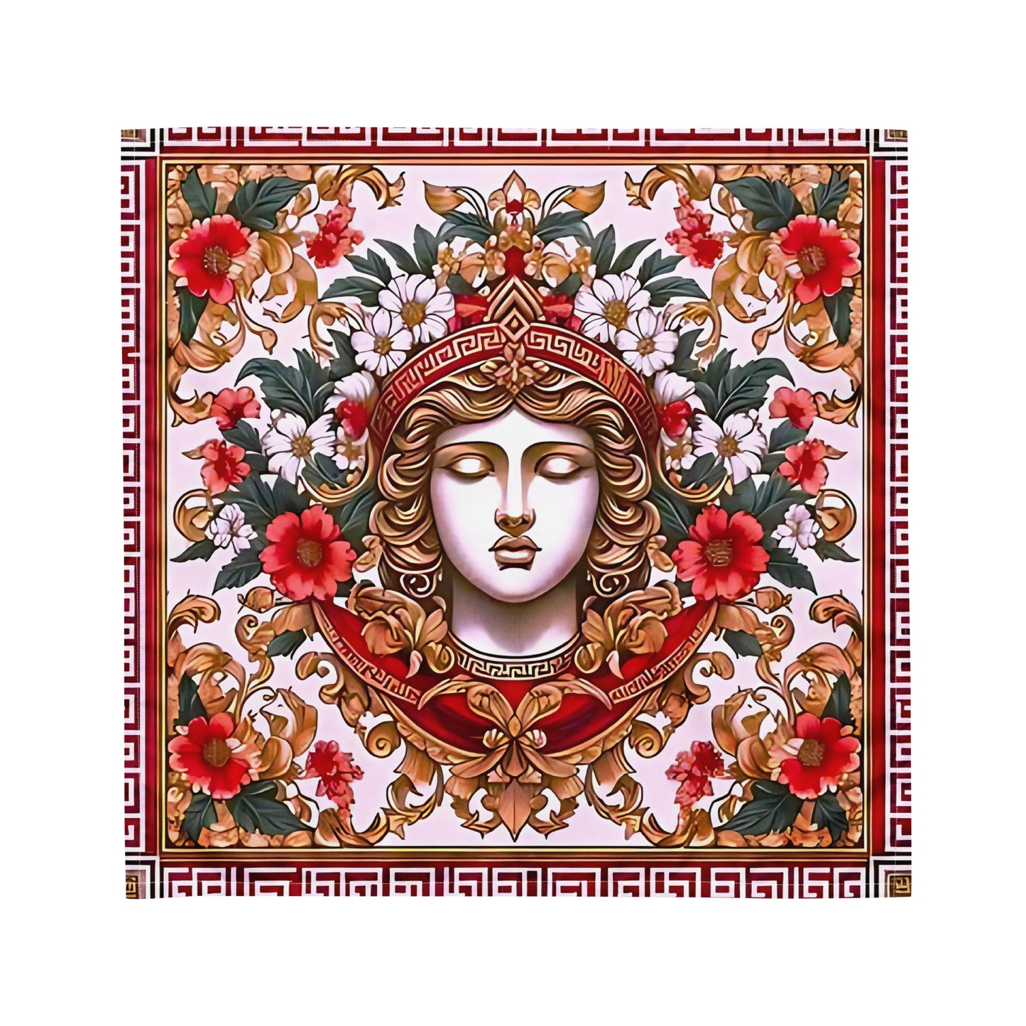 A bandana featuring an intricate floral and geometric design with a central figure adorned with a crown and flowers.