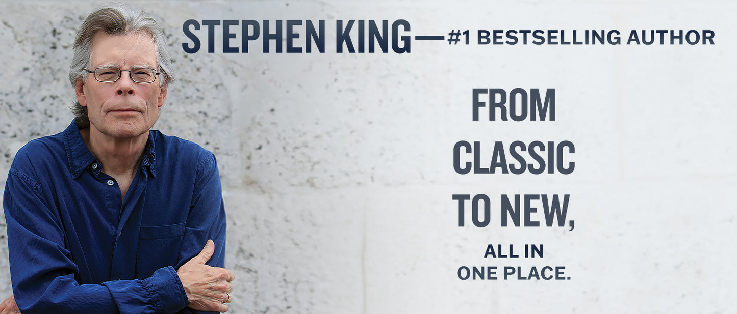 Stephen King with text about his books on a light gray background