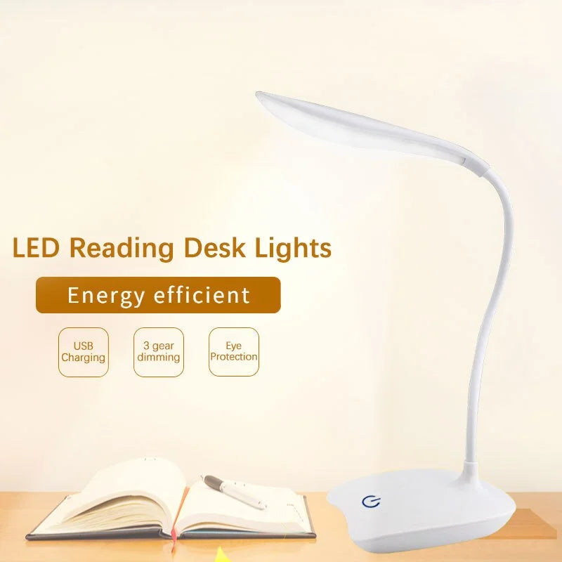 LED reading desk light with USB charging, 3 gear dimming, and eye protection features on a wooden surface.