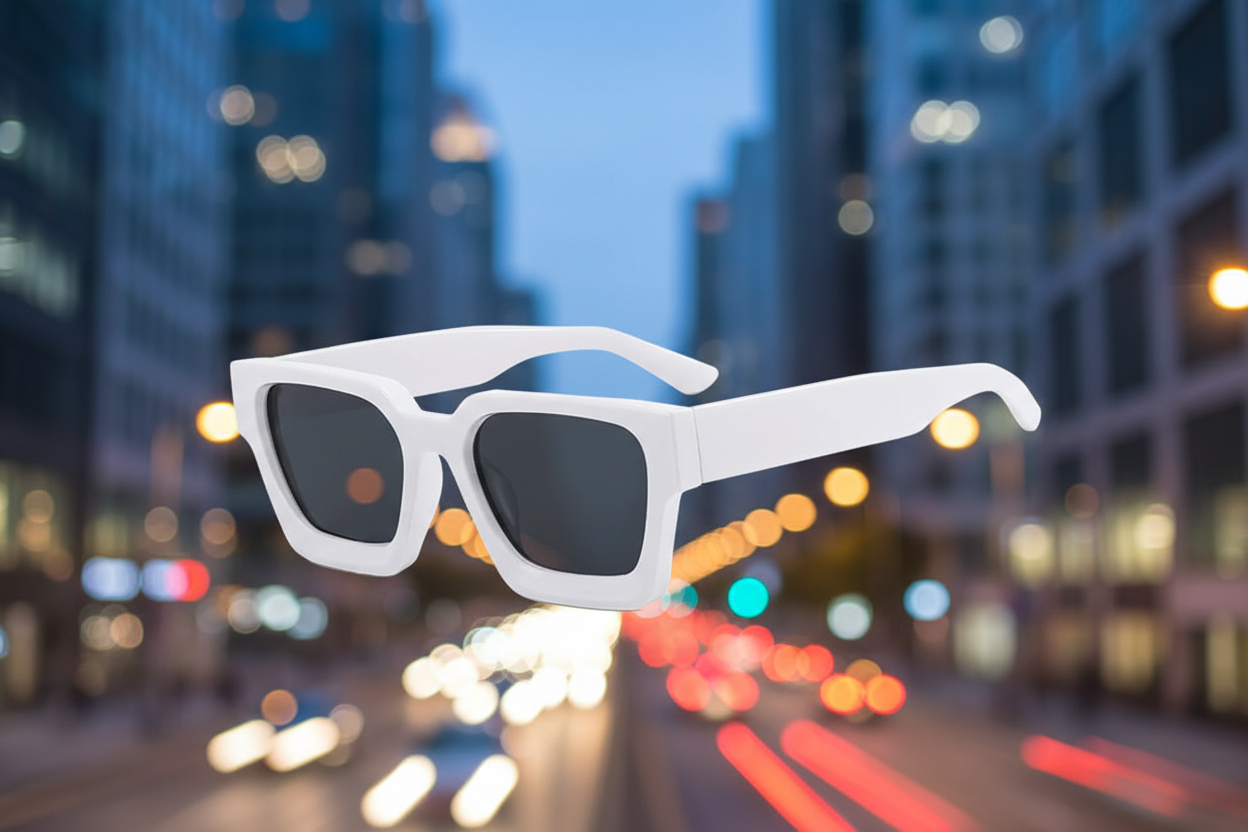White sunglasses with black lenses against a cityscape background