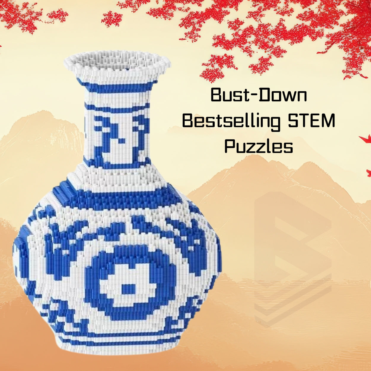 Blue and white Building block puzzle geometric-patterned vase on a beige background with text about STEM puzzles.