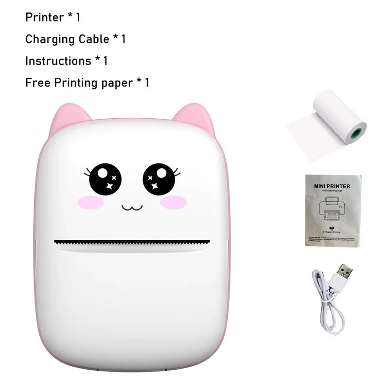 Cute white cat printer with pink accents and accessories on a white background