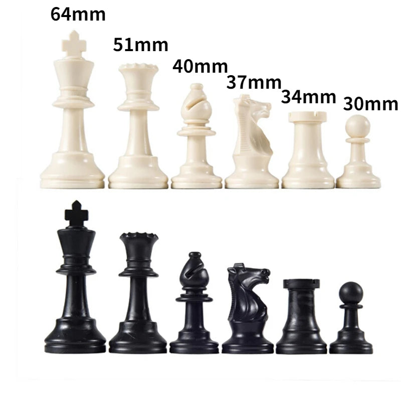 Chess pieces with measurements indicating size differences.