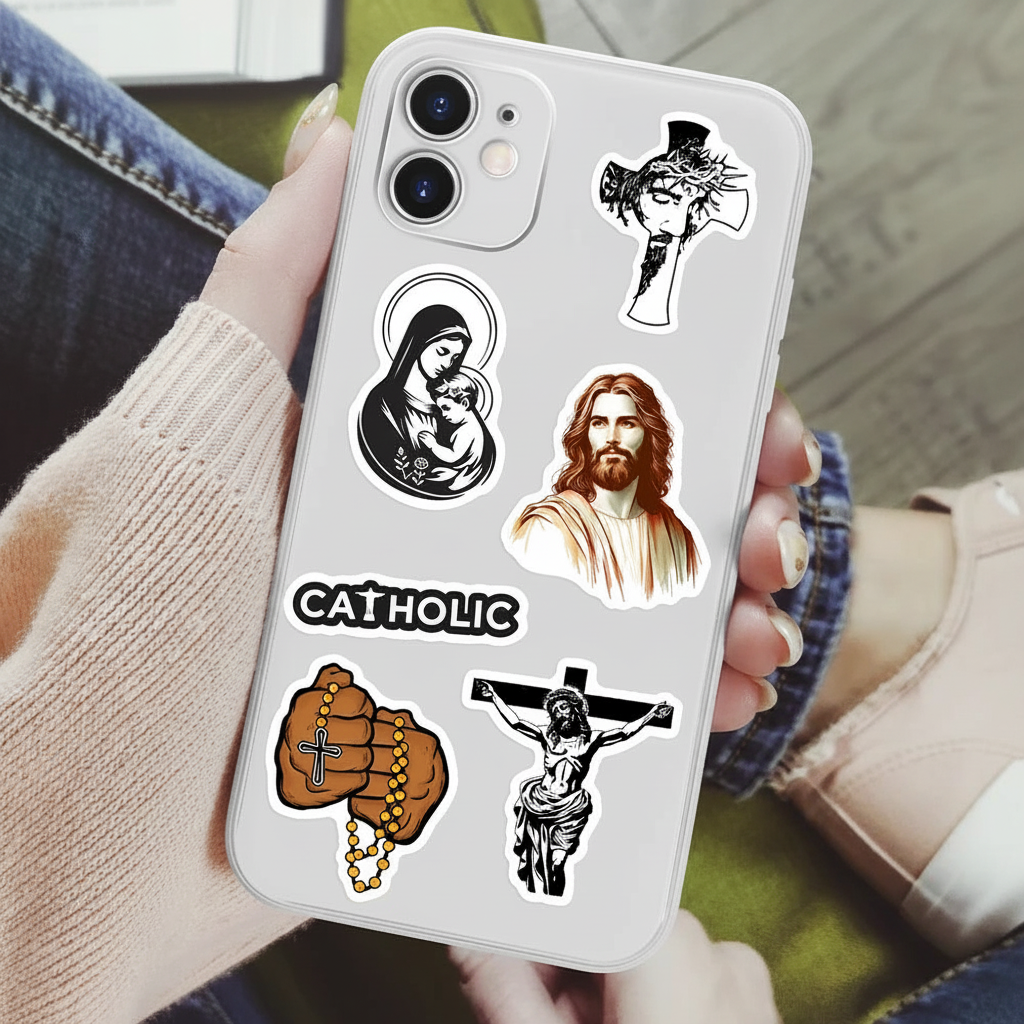 Phone case with religious a variety of Jesus stickers held in hand.