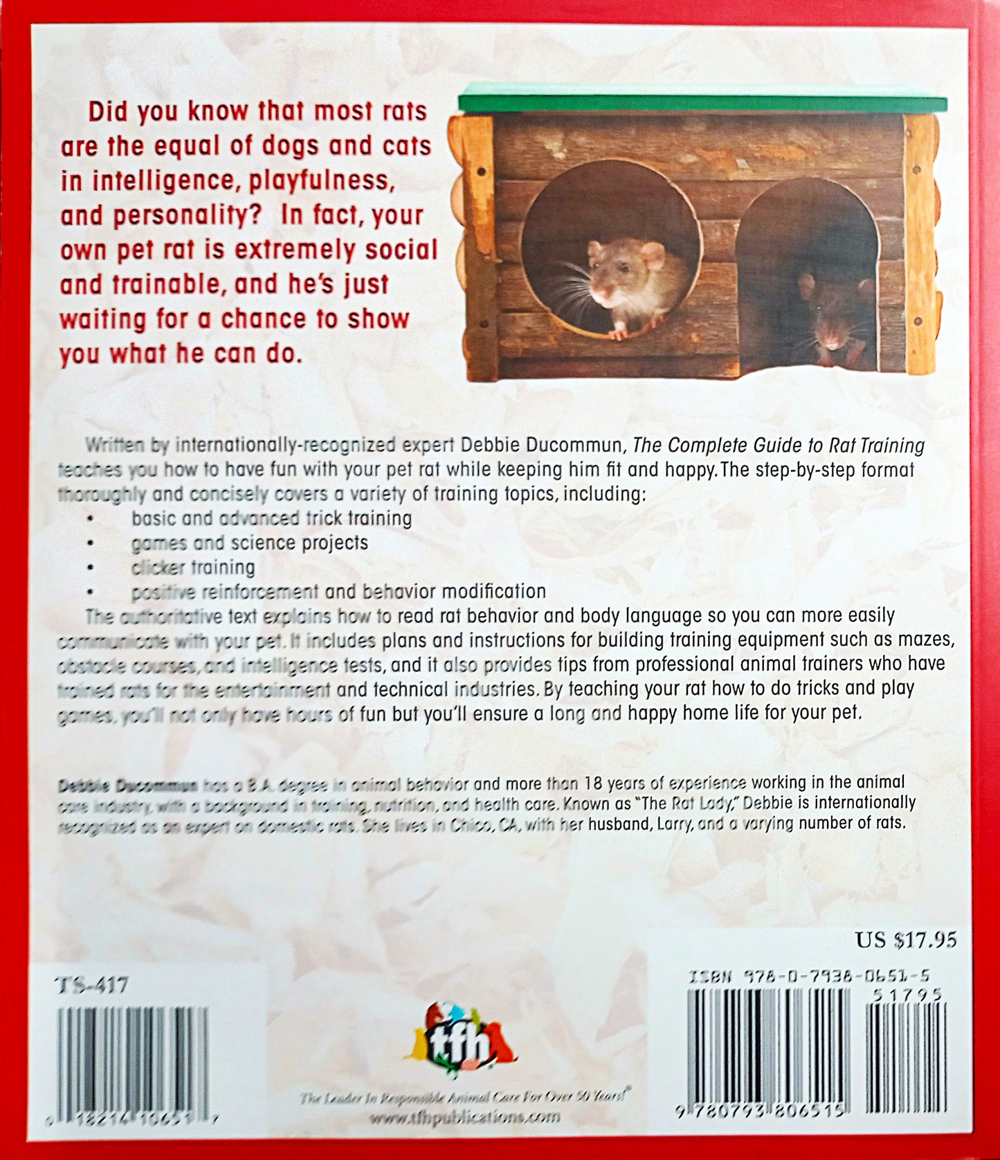 Back book cover of the book 'The Complete Guide to Rat Training' by Debbie Ducommun featuring two pet rats in their little cubby.