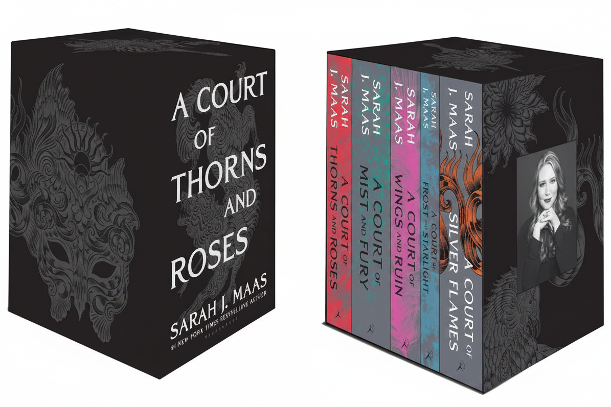 A five-book box set of 'A Court of Thorns and Roses' by Sarah J. Maas, featuring hardcover editions with black and floral design on the covers.