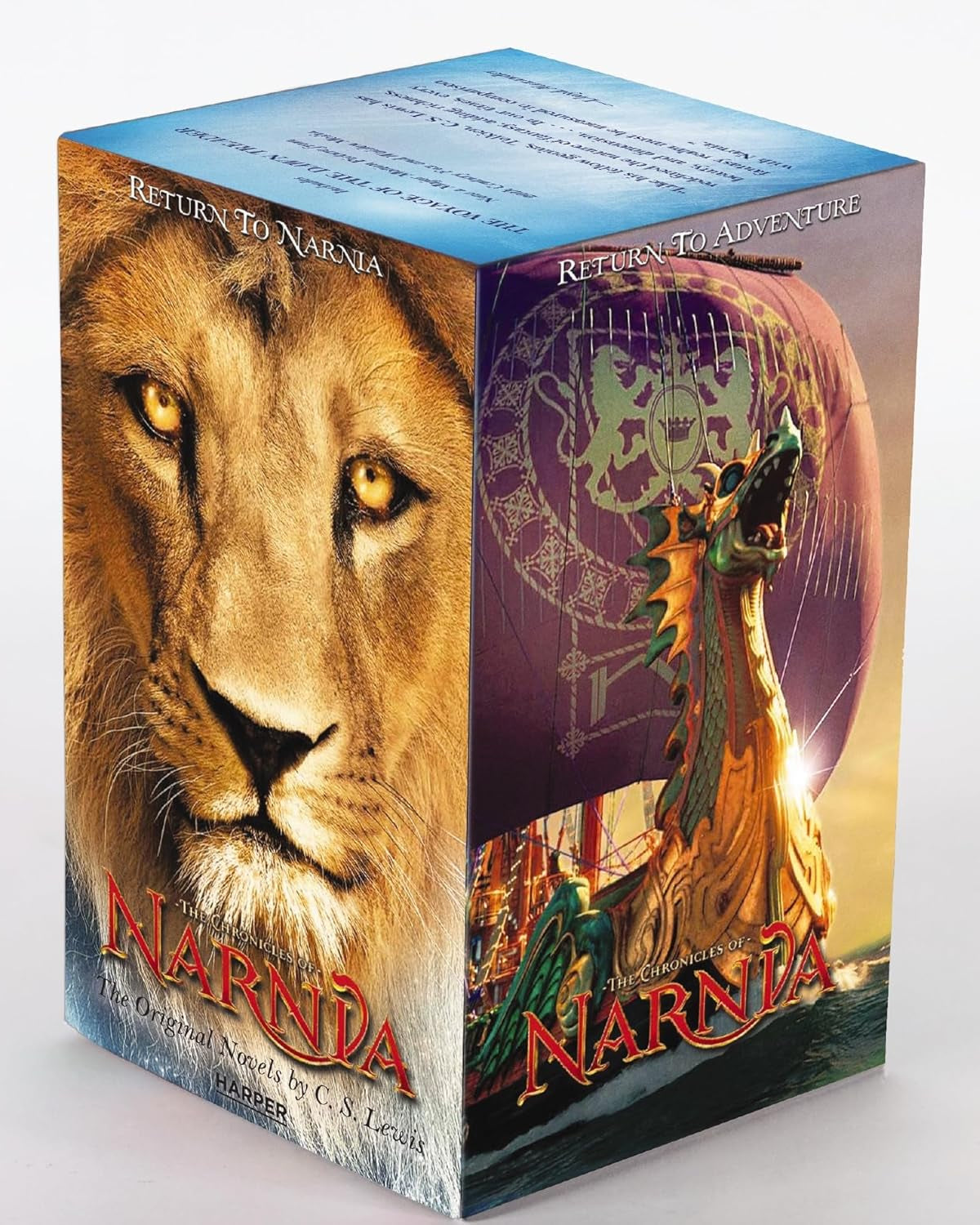 Book box set of "C.S. Lewis's Chronicles of Narnia Book Box Set" by C.S. Lewis, featuring a fantastical box case with lions and dragon ships and other adventurous elements.