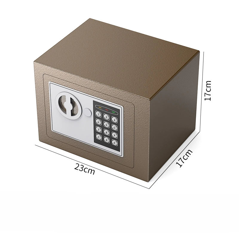 Side angle of brown steel lock box demonstrating tamper-resistant construction.