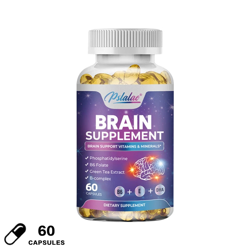 Brain supplement bottle with purple label and white cap on a white background