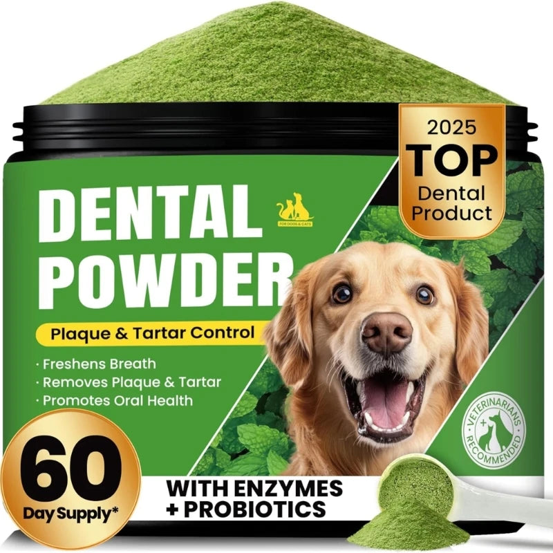 Dental powder for dogs with a green container and a smiling dog on the label.