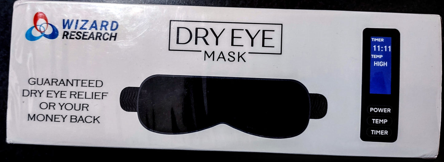 Dry eye mask packaging with 'Wizard Research' branding and digital timer display.