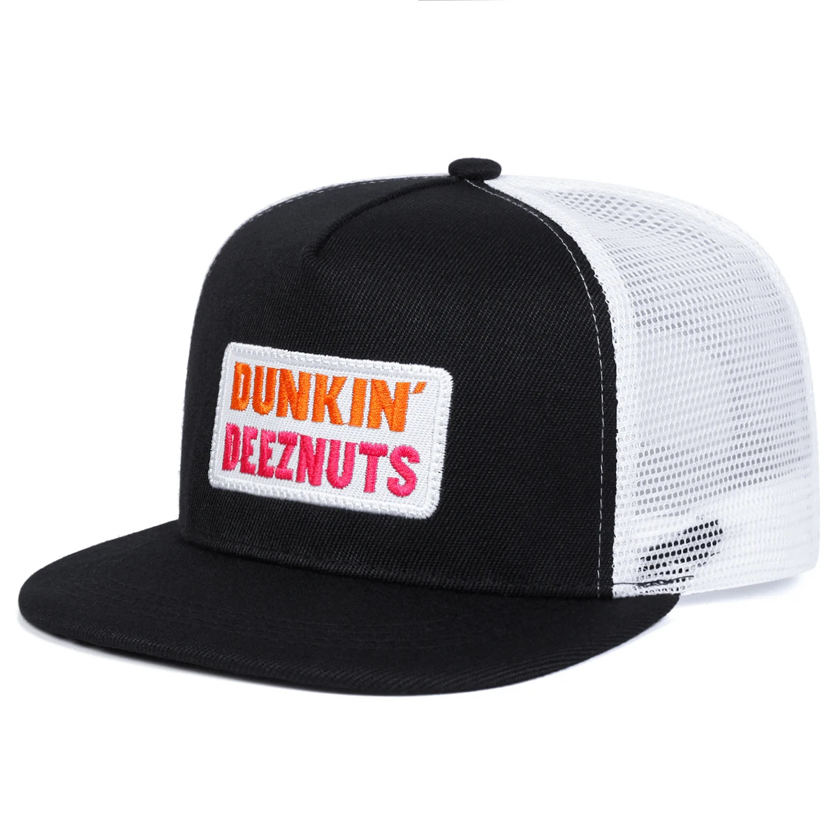 Front angled view logo display of the 'Dunkin' DEEZNUTS Snapback | OSFA Mesh-Back Trucker Cap' in black and white color option at a frontward-side angled view, showing logo in orange and pink over white patch.