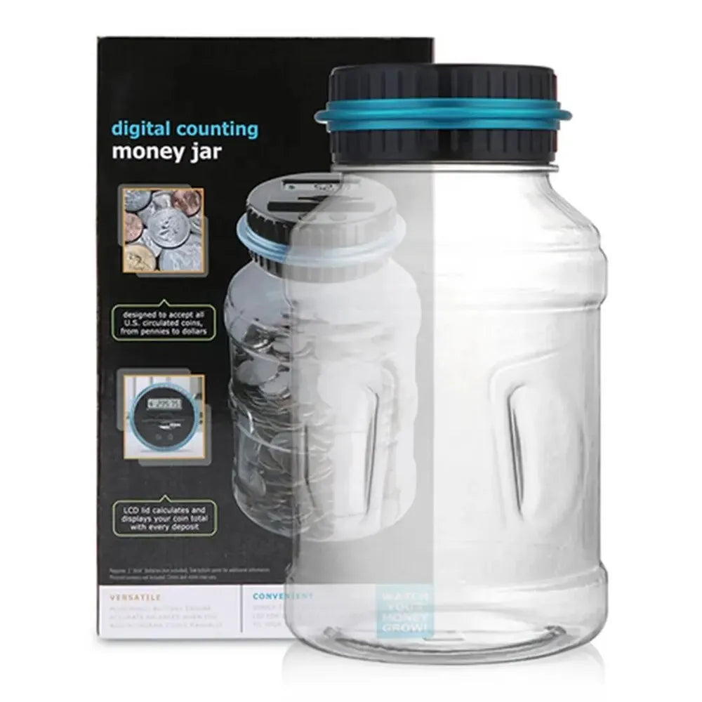 Digital counting money jar with packaging on a white background